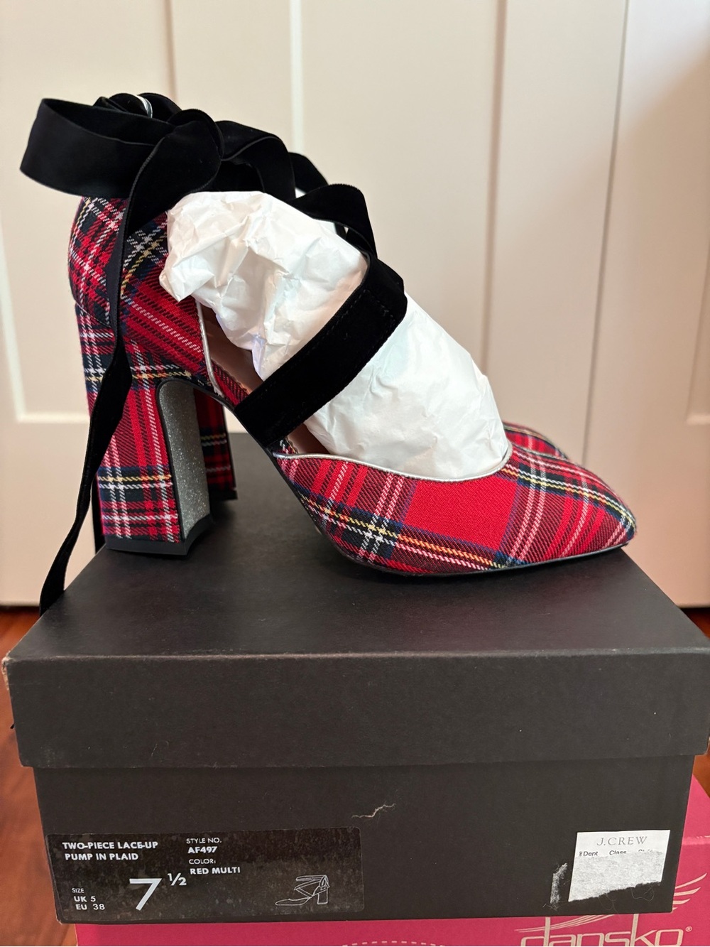 J. Crew Red Plaid Two-Piece Lace-Up Block Heel Pump
